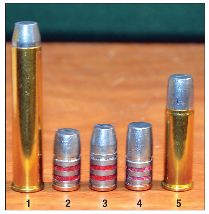 The Rim Rock .44-caliber 305- and 335-grain bullets are excellent choices for the slightly shortened 444 Marlin case but due to a longer distance between the crimp groove and nose  of the 340-grain bullet, it will not work in that  cartridge. All three bullets work fine in 44 Magnum loads for the Ruger Super Redhawk, Ruger Super Blackhawk, Colt Anaconda and other revolvers with cylinders long enough to handle it. Bullets include: (1) 444 Marlin loaded with the 335-grain bullet, (2) 305-grain bullet, (3) 335-grain bullet, (4) 340-grain bullet and (5) 44 Magnum loaded with the 340-grain bullet.